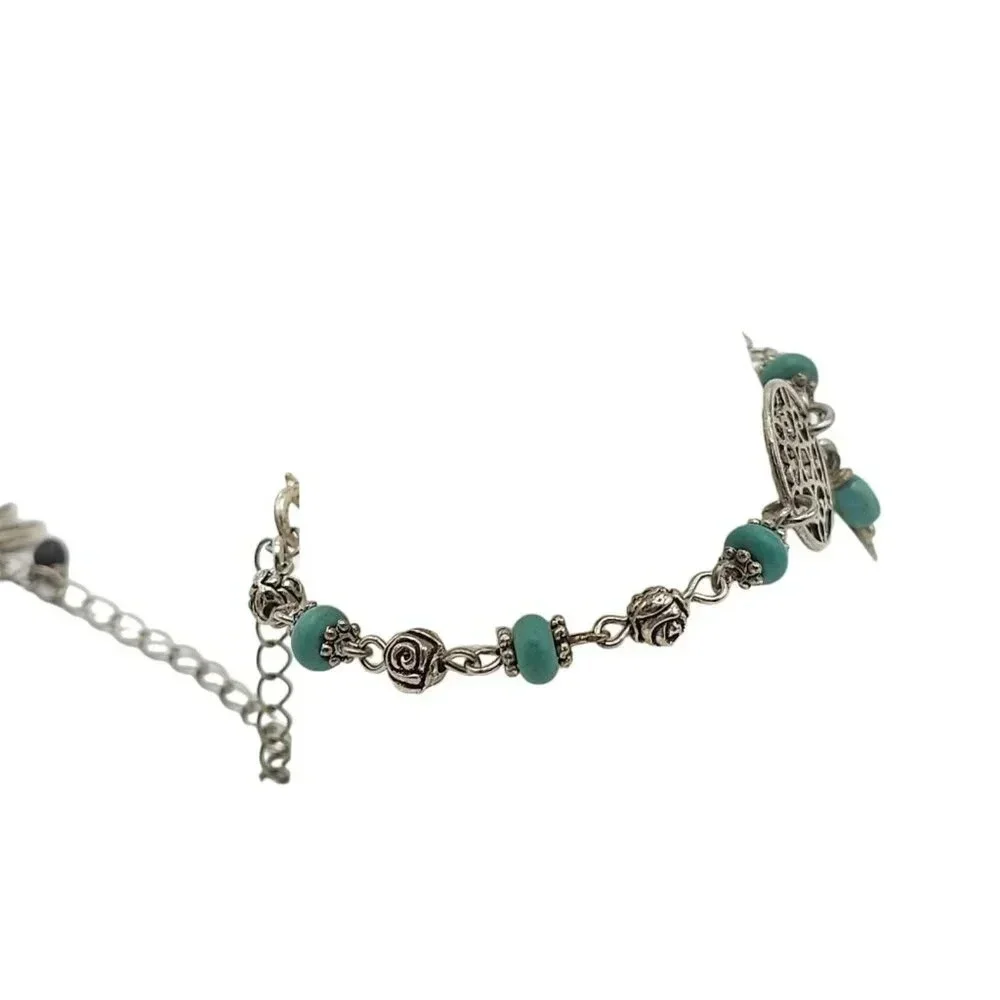 Blue Turquoise Beads Dreamcatcher Dragonfly Charm Station Link Bracelet Vintage